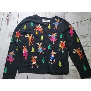 Vintage Michael Simon Lite Women’s Small Black Christmas Cardigan Reindeer